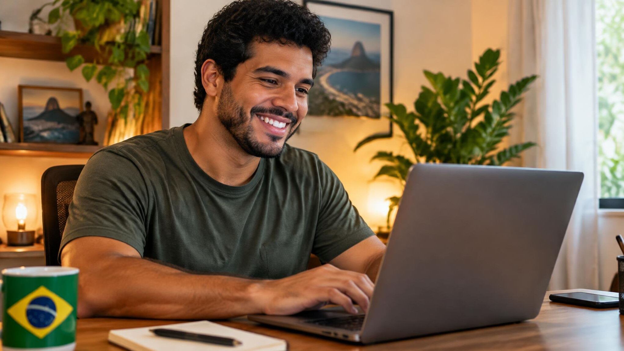 Person smiling while writing a message on a laptop at home