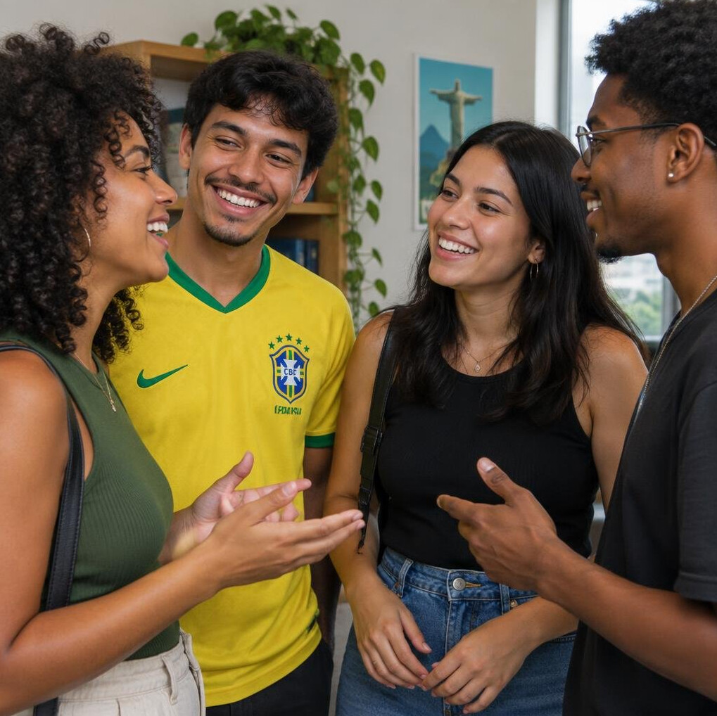 Small group of people talking and smiling together indoors