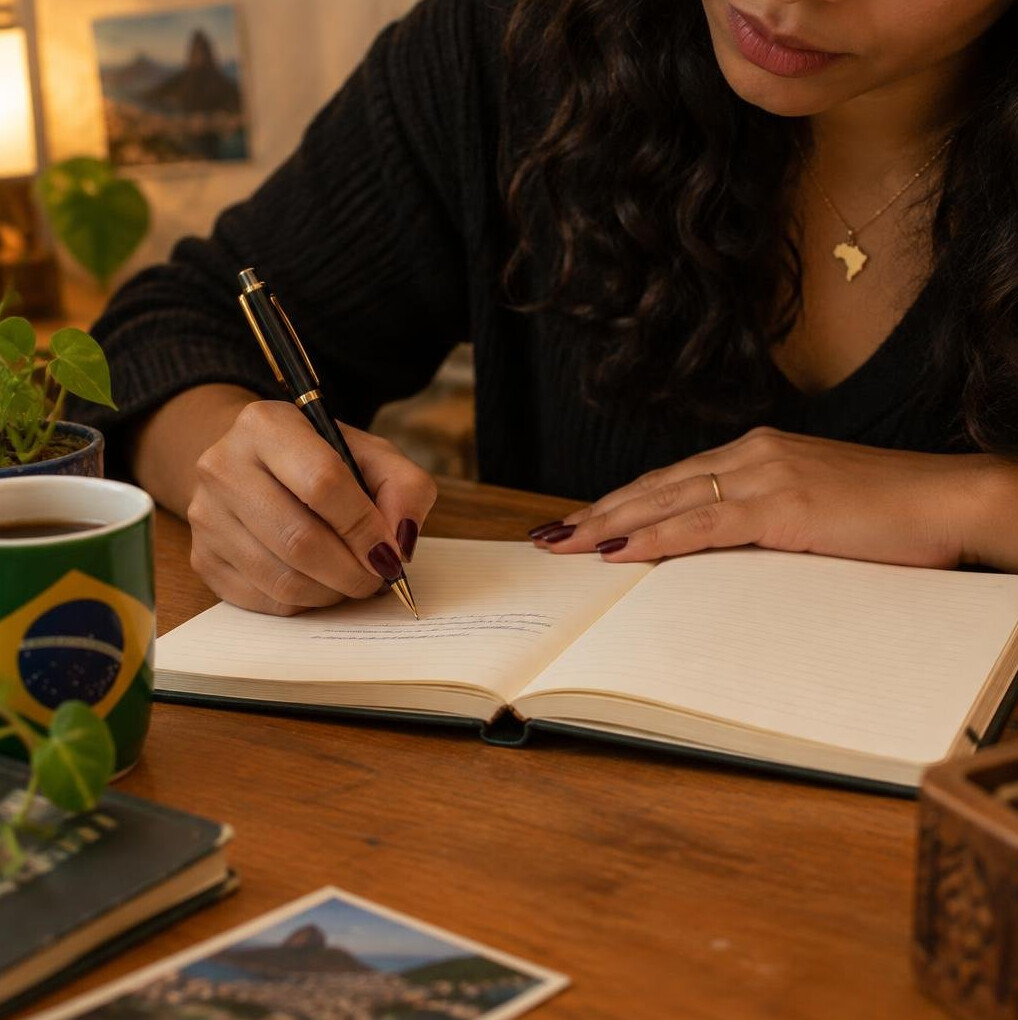 Person writing in a notebook at a wooden desk