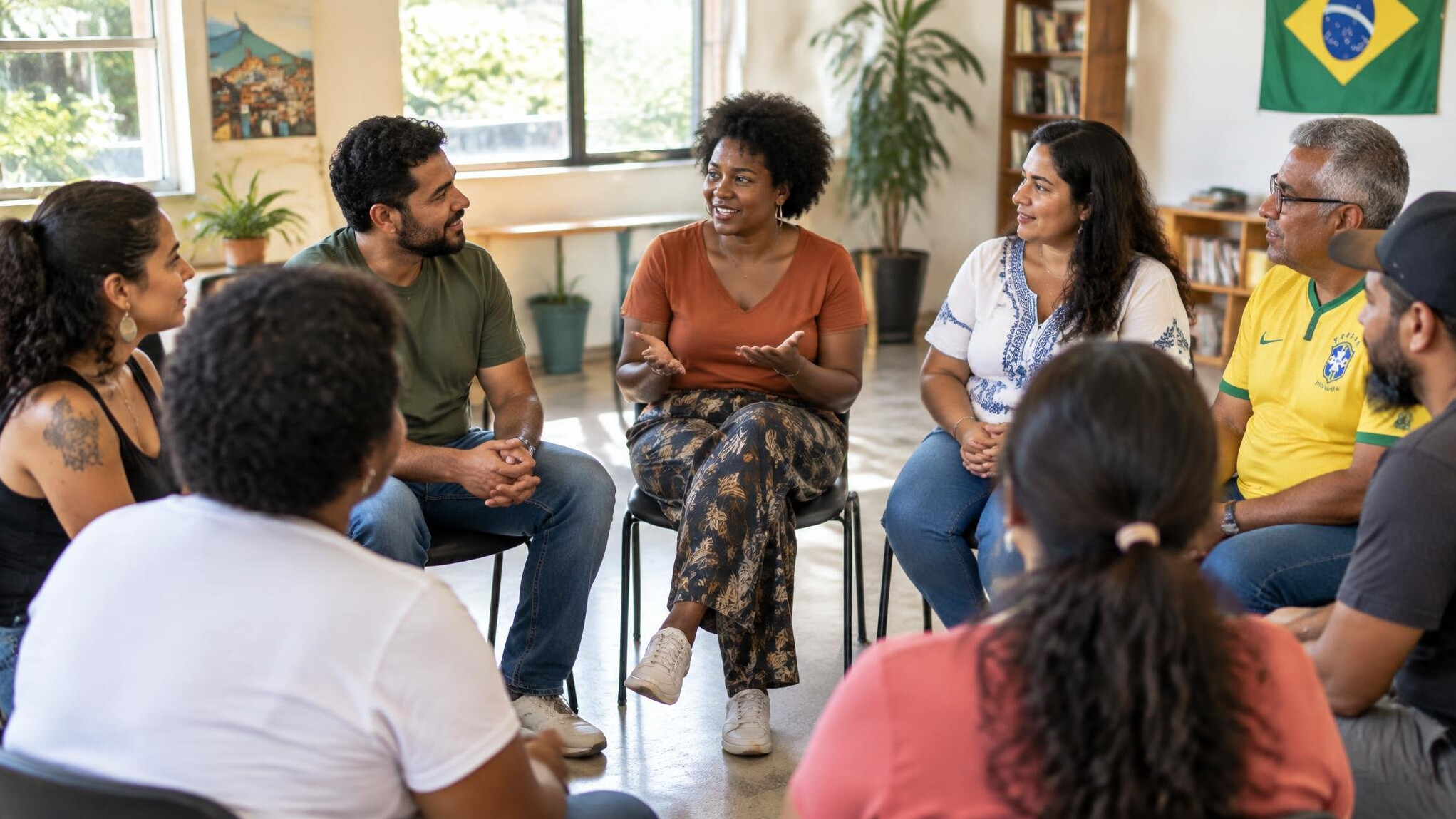 Group of people sitting in a circle having an open conversation
